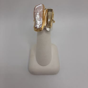 Sterling Silver and 22Kt yellow gold Michou one of a kind ring Featuring Pearl and Citrine