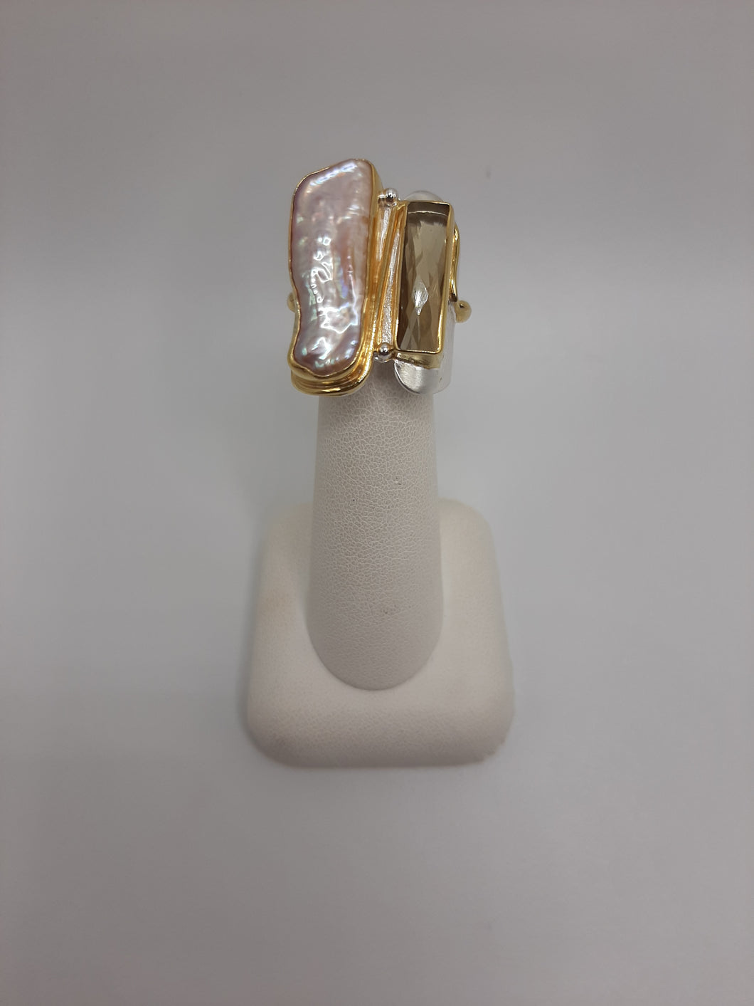 Sterling Silver and 22Kt yellow gold Michou one of a kind ring Featuring Pearl and Citrine