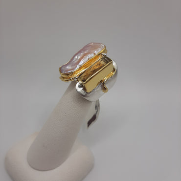 Sterling Silver and 22Kt yellow gold Michou one of a kind ring Featuring Pearl and Citrine
