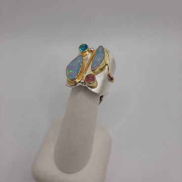 Sterling Silver and 22Kt Yellow gold Michou one of a kind ring  Featuring Opal, Pink Tourmaline, Paraiba Topaz