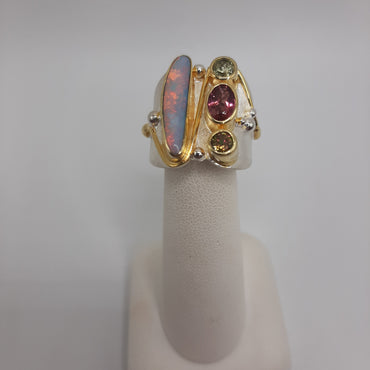 Sterling Silver and 22Kt yellow gold Michou one of a kind ring Featuring Lemon Quartz, Opal, Pink tourmaline,  and Mango Topaz