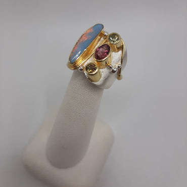 Sterling Silver and 22Kt yellow gold Michou one of a kind ring Featuring Lemon Quartz, Opal, Pink tourmaline,  and Mango Topaz