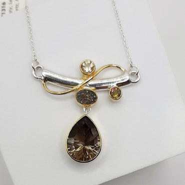 Sterling Silver and 22kt Yellow Gold Michou one of a kind Necklace featuring Druzy, Lemon Quartz, Smokey Quartz and Mango Topaz