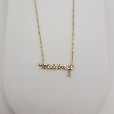 14Kt yellow Gold Minimalist necklace featuring Mama and Diamond on 18