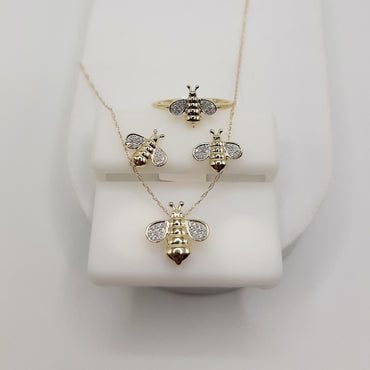 10Kt Yellow Gold Bee Necklace, Ring and Earrings featuring diamonds