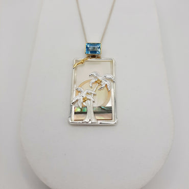 Sterling Silver Michou Palm Tree Necklace featuring Mother of Pearl, Blue topaz, and Abalone