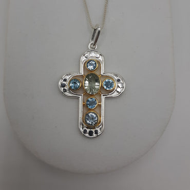 Sterling Silver Michou Cross Necklace Featuring Green Amethyst and Blue Topaz on 18