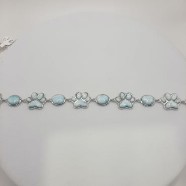 Sterling silver alternating oval and paw print Larimar bracelet 