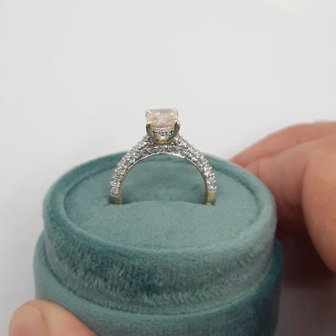 14kt yellow gold Radiant cut 2.25 carat pink and white lab grown diamond ring