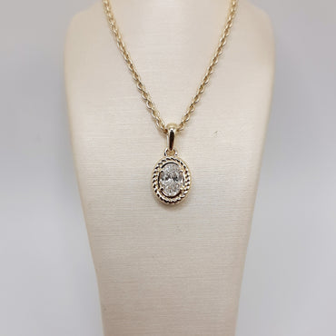 14kt yellow gold solitaire necklace featuring a .31 carat oval natural diamond with a small rope bezel