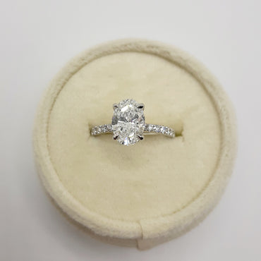 14kt White Gold 1.60 Carat Oval Lab Grown Diamond with a Hidden Halo and Lab Grown Diamonds on Side Shank