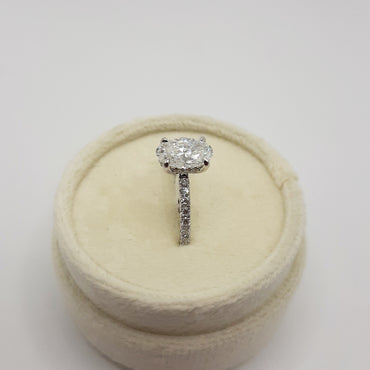 14kt White Gold 1.60 Carat Oval Lab Grown Diamond with a Hidden Halo and Lab Grown Diamonds on Side Shank