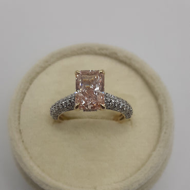 14kt Yellow Gold 1.50 Pink Radiant Lab Grown Diamond with Three Rows of Round Lab Grown Diamonds