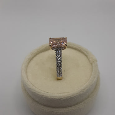 14kt Yellow Gold 1.50 Pink Radiant Lab Grown Diamond with Three Rows of Round Lab Grown Diamonds