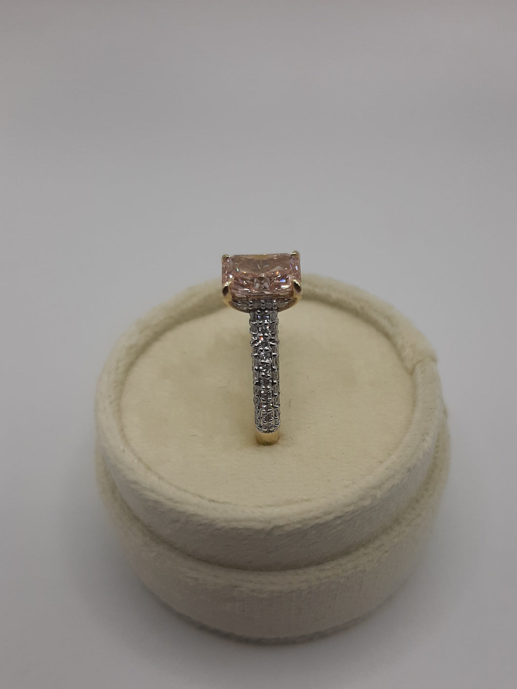 14kt Yellow Gold 1.50 Pink Radiant Lab Grown Diamond with Three Rows of Round Lab Grown Diamonds