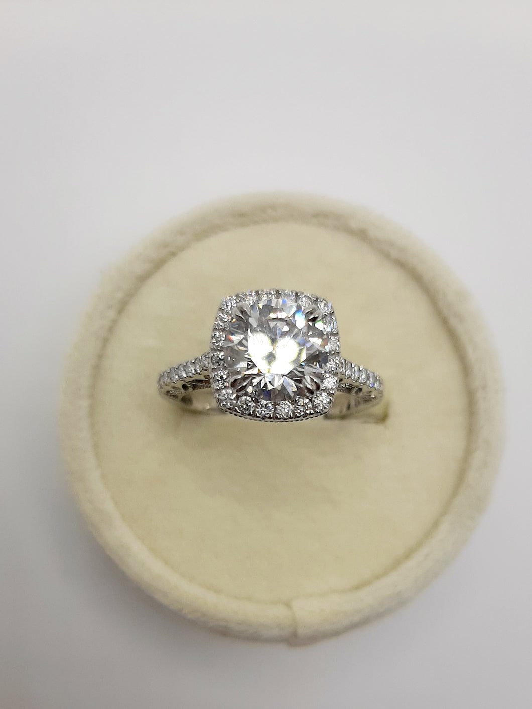 Platinum Mount Featuring Lab Round Brilliant Center Stone with Halo and Side Shank