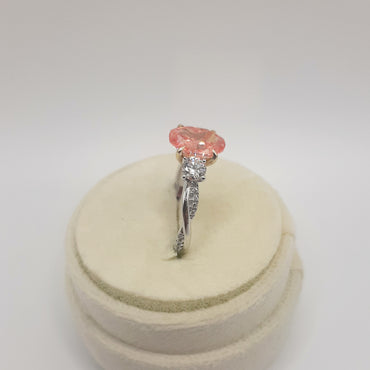 14kt white oval pink lab grown diamond three stone ring