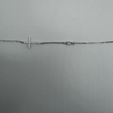 Sterling silver bracelet featuring a white topaz cross and a fish symbol