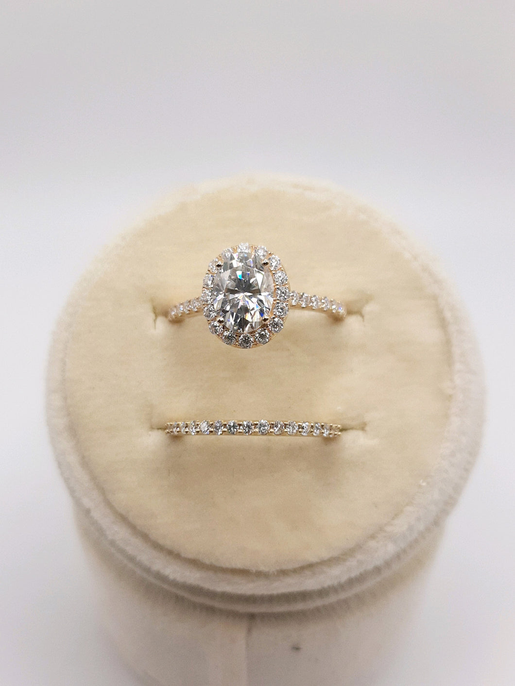 14kt Yellow Gold Oval Halo with Oval Moissanite and Round Moissanite in Halo
