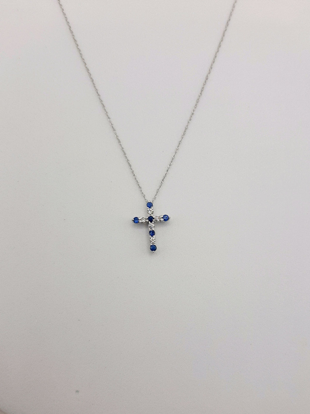 14Kt  White Gold Cross with Blue Sapphires and Natural Diamonds on 20