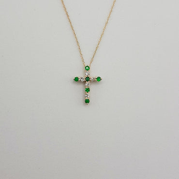 14Kt Yellow Gold Cross Featuring  .10 Carats of Natural Emeralds and Diamonds on 18