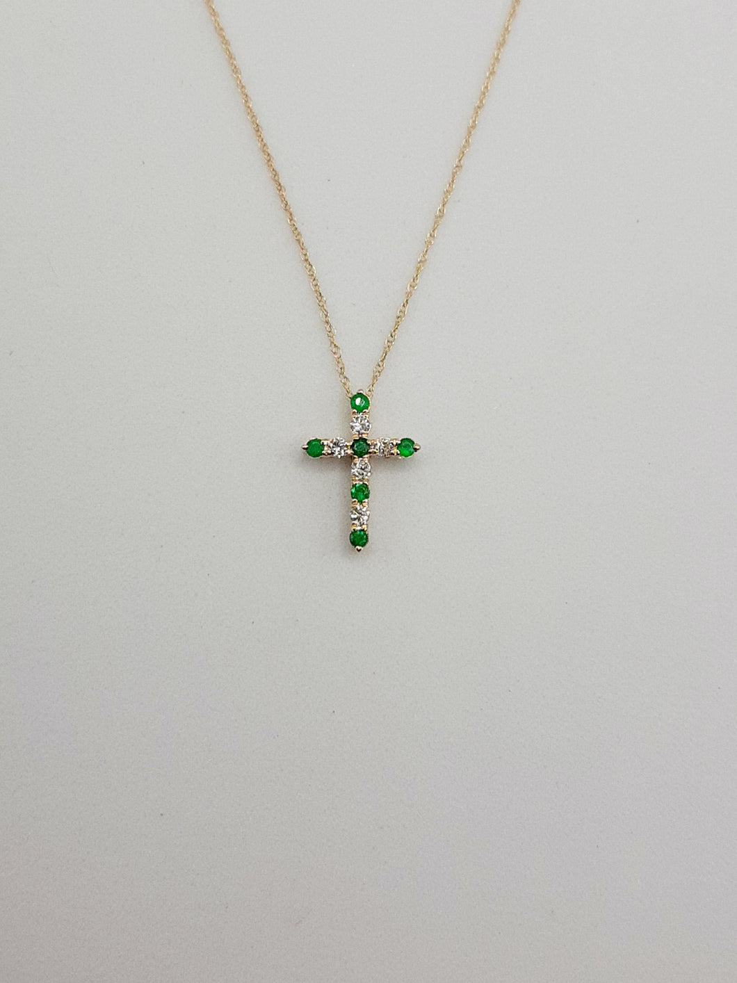 14Kt Yellow Gold Cross Featuring  .10 Carats of Natural Emeralds and Diamonds on 18