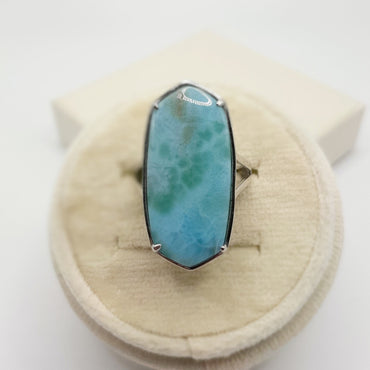 Sterling Silver Long Hexagon Ring Featuring Larimar Gemstone - Size 8