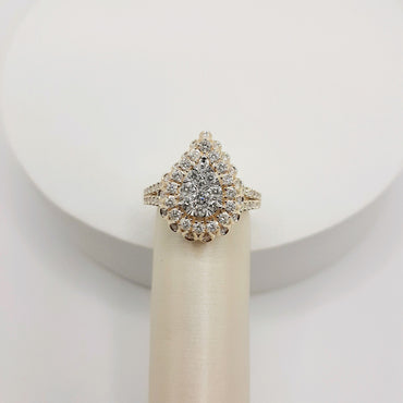 10Kt Two Tone Pear Shape Cluster Ring Featuring 1.0 Carats of Natural Round Brilliant Cut Diamonds on A Split Shank