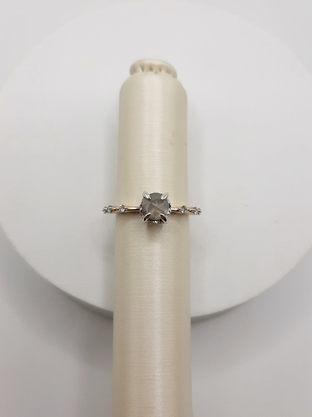 14Kt Rose Gold Natural Diamond Ring Featuring a Salt And Pepper .78 Carats Center Diamond with an Additional .23 Carats of Natural Diamonds Scattered on Band and in Hidden Halo