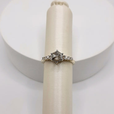 14Kt Yellow Gold Natural Diamonds Featuring .78 Carats Hexagon Salt and Pepper Center Diamond