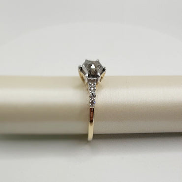 14Kt Yellow Gold Natural Diamonds Featuring .78 Carats Hexagon Salt and Pepper Center Diamond