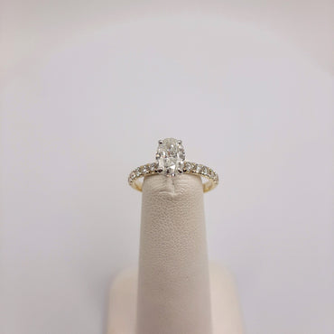 14Kt Yellow Gold Oval 1.04 Carat Diamond Solitaire with Hidden Halo and .55 Carats of Prong Set Diamonds on Shank