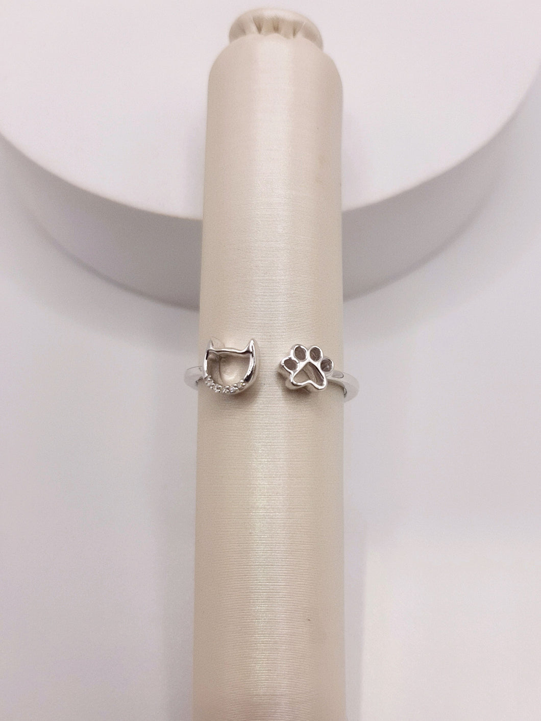 Sterling Silver Fashion Trending Cat and Paw Print Ring Featuring Diamonds
