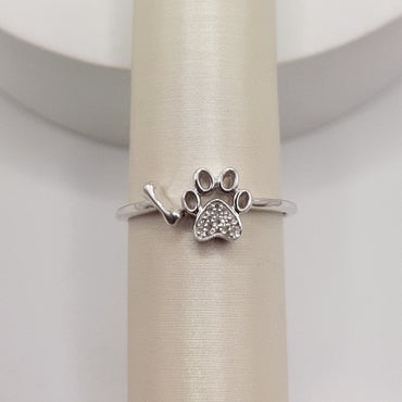 Sterling Silver Paw Print and Bone Ring Featuring 16 Diamonds