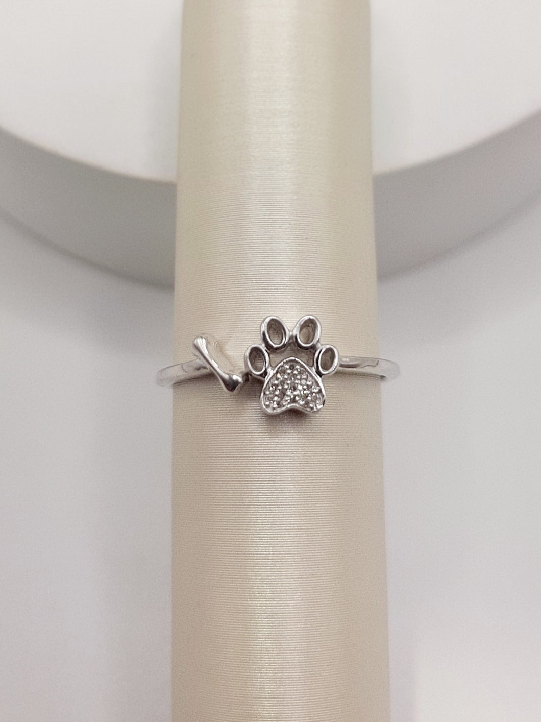 Sterling Silver Paw Print and Bone Ring Featuring 16 Diamonds