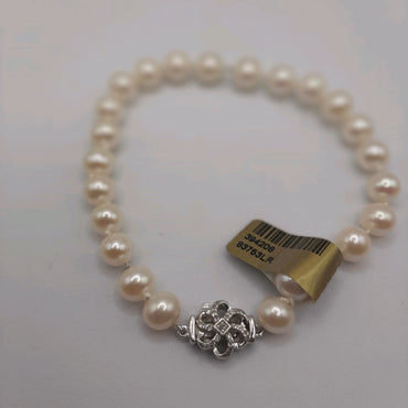 Sterling Silver Pearl Bracelet Featuring a .11 Carats Diamond Clasp