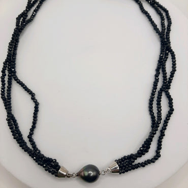 Sterling Silver Necklace Featuring Double Row of Black Spinel and a Tahitian Pearl