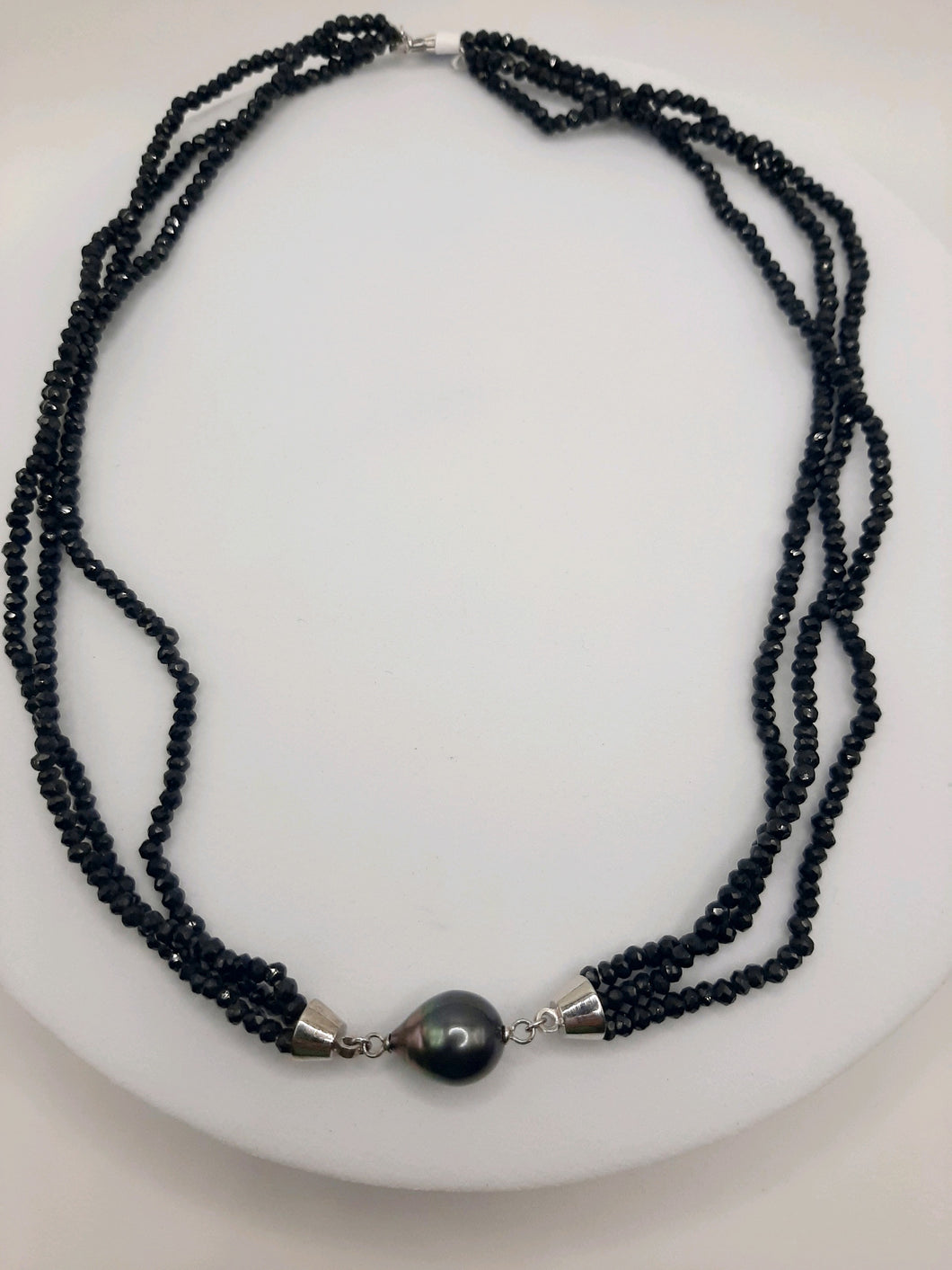 Sterling Silver Necklace Featuring Double Row of Black Spinel and a Tahitian Pearl