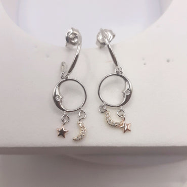 Sterling Silver Moon and Star Diamonds on Small Hoop Earrings