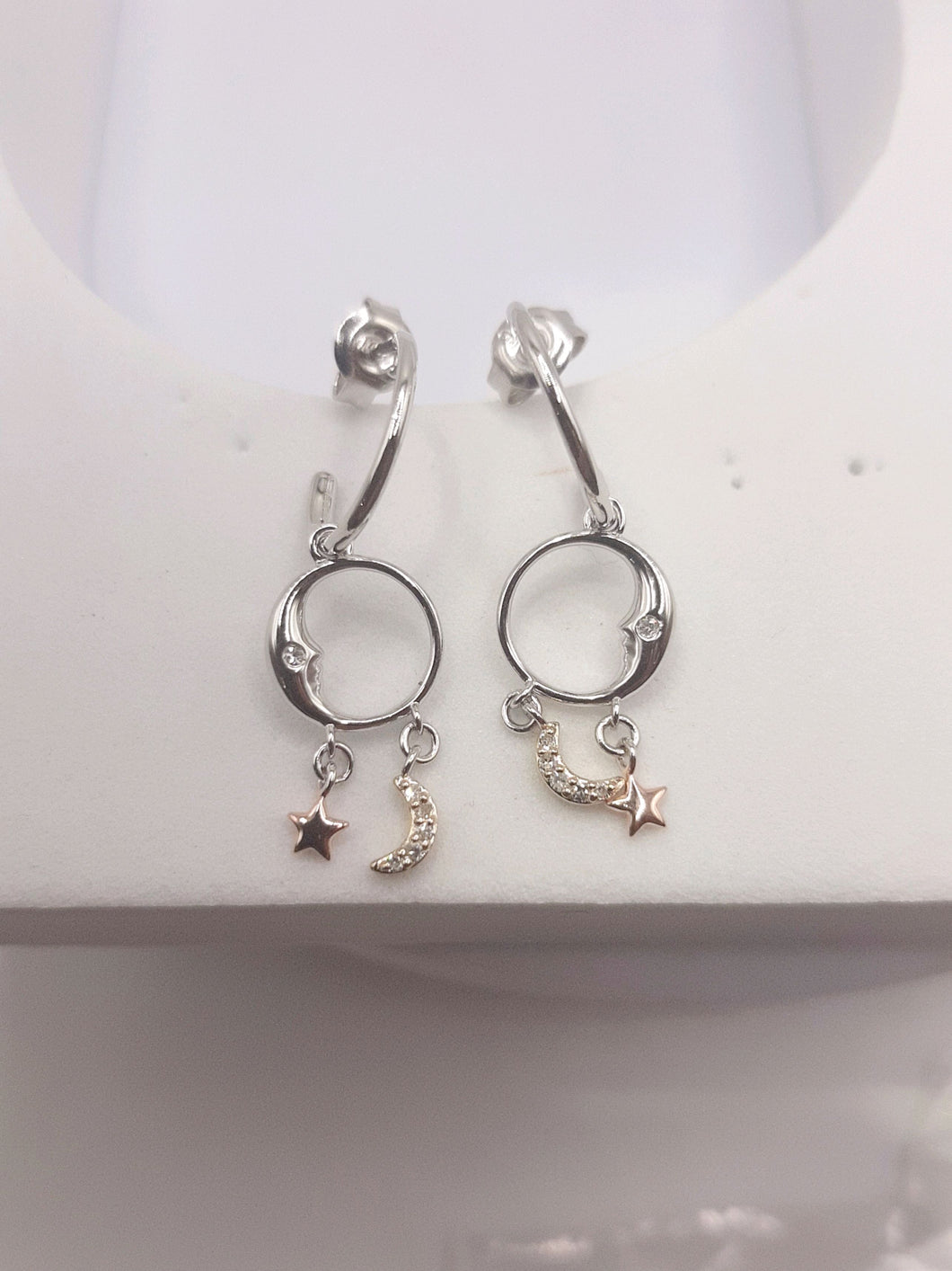 Sterling Silver Moon and Star Diamonds on Small Hoop Earrings