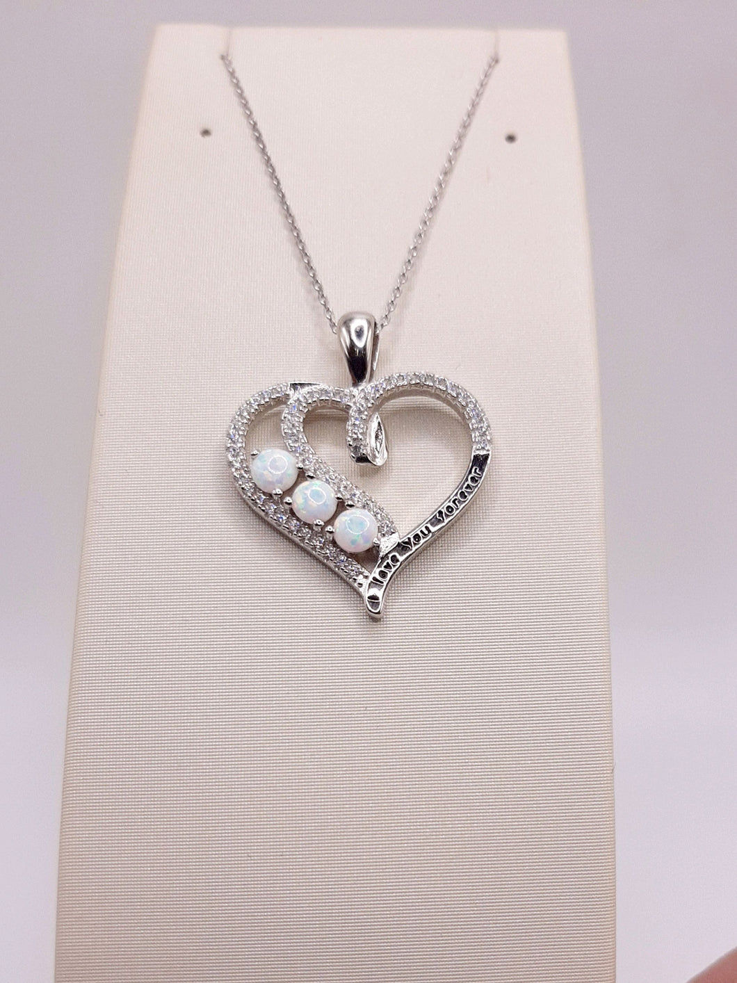 Sterling Silver Heart Necklace Featuring White Simulated Opals and Cubic Zirconium with 'I Love You Forever' on 18 