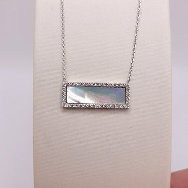 Sterling Silver Fashion Trending Necklace Featuring a Rectangular Mother of Pearl with Cubic Zirconium Border