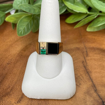 10kt Yellow Gold Diamond, Onyx, and Created Emerald Ring