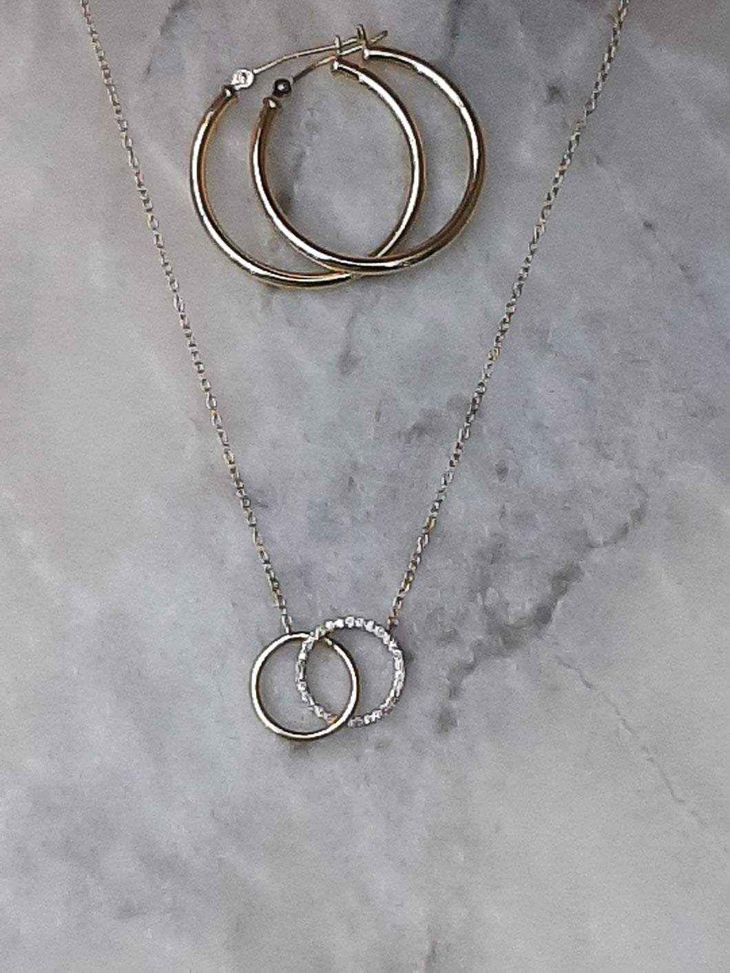 YG Double Diamond Circle Necklace and YG Hoop Earrings