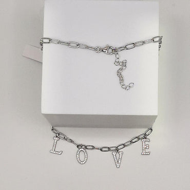 Sterling Silver CZ Paperclip LOVE Necklace