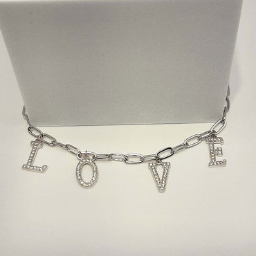 Sterling Silver CZ Paperclip LOVE Necklace