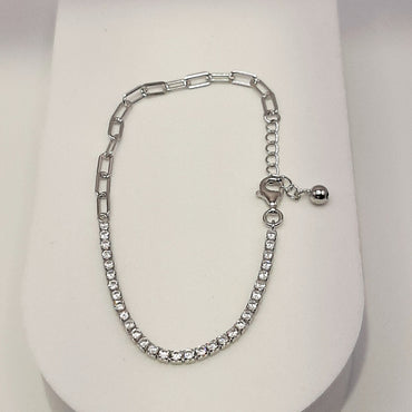 Sterling Silver Half Tennis & Half Paperclip CZ Bracelet