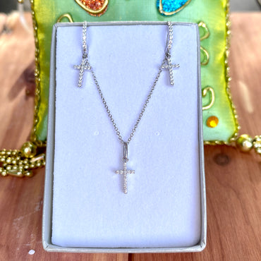 Lafonn Sterling Silver Diamond Platinum Bonded Cross Necklace and Earring Set