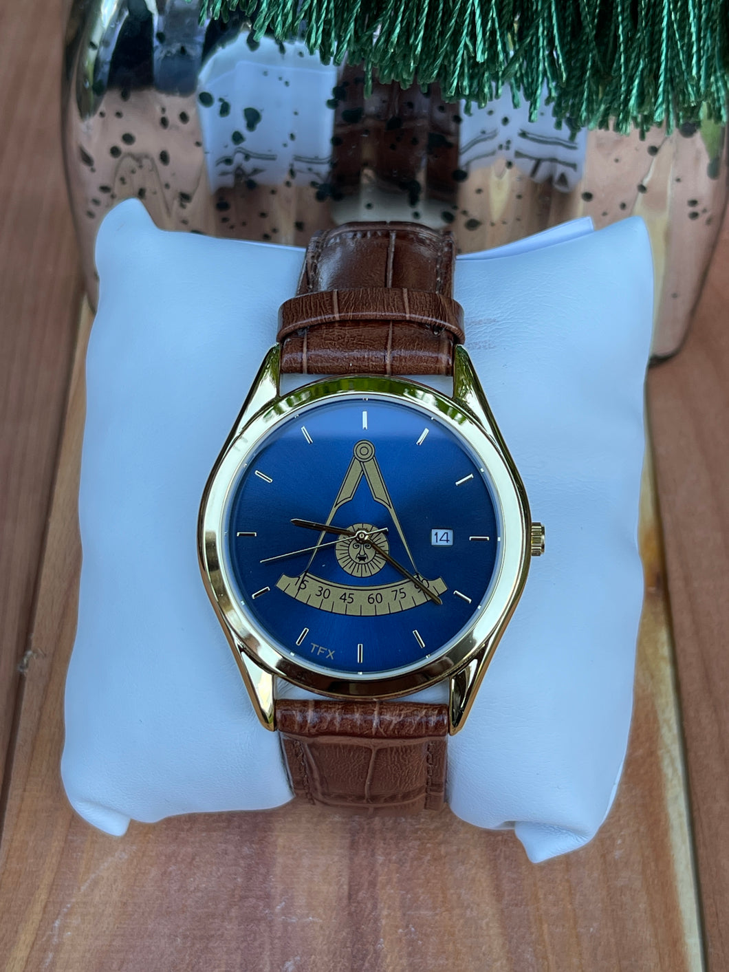 Blue and Gold Mason Watch on Brown Leather Band