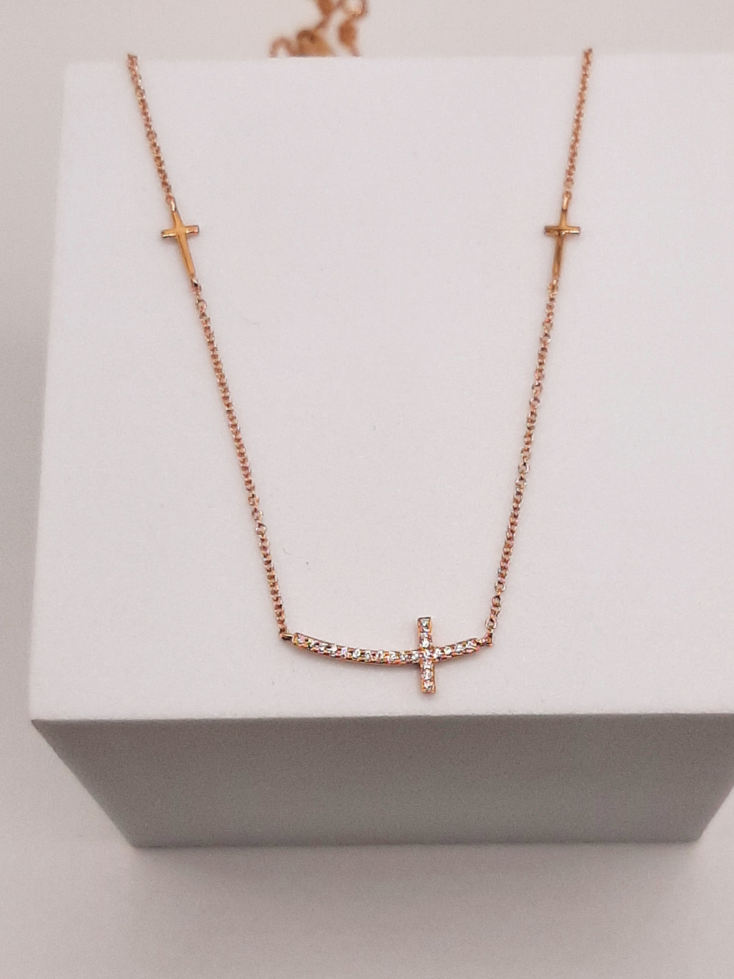 14 Karat Rose Gold Sideways Cross Diamond Necklace